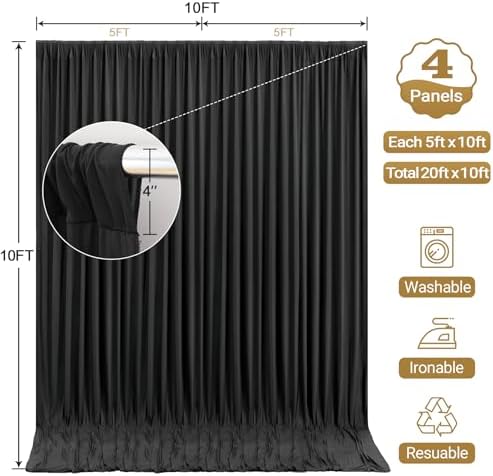 20x10ft Black Backdrop Curtain Panels for Parties - Wrinkle Free Polyester Photo Curtain Backdrop Wedding Back Drop Fabric Drapes for Party Decorations Background for Photography - Image 4