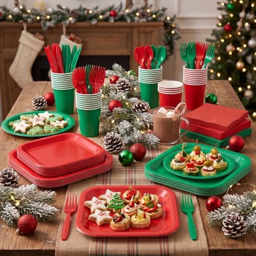 Vyntra 350 Pcs Red & Green Square Paper Plates and Napkins Set, Serves 50 - Image 5