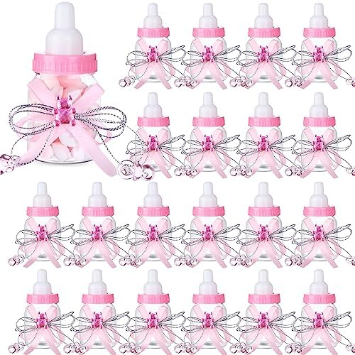 80 Pcs 3.5 Inch Baby Mini Milk Bottle Baby Shower Favor with Small Plastic Bear Candy Bottle with Ribbon for Boy Girl Newborn Baptism Party Decor (Pink) by PINKXHY