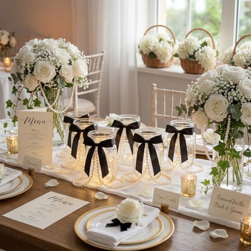6 Sets Mason Jars Centerpieces with Light for Table, Black Bow - Image 4