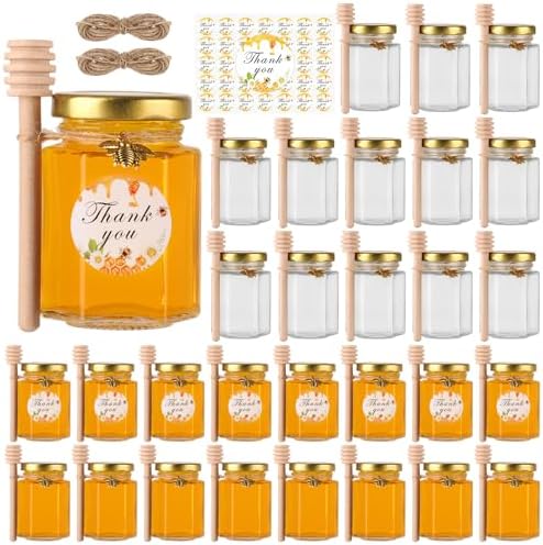 4 oz 30 Pack Mini Glass Honey Jars with Wood Dippers & Gold Lids by BIGIVACA