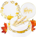Ciaell 125PCS Thanksgiving Plastic Plates - Fall Pumpkin Disposable Plates White and Gold Heavy Duty Dinnerware Set include 25Dinner Plate, 25Desset Plate, 25Knives, 25Forks, 25Spoons for Thanksgiving by Ciaell