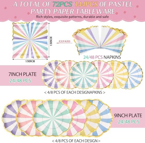 144 Pcs 48 Guests Pastel Striped Party Plates and Napkin Scalloped - Image 2