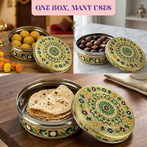 LOVENSPIRE Meenakari Stainless Steel Storage Box with Lid (1 Kg) Decorative Round Indian Food Container for Sweets, Kitchen Items & Return Gift Favors Pack of 4 - Image 7