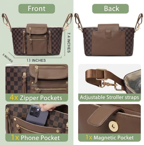 miss fong Checkered Stroller Caddy with Insulated Cup Holder Universal Stroller Organizer Bag Baby Storage Bag with Adjustable Strap, Fits for Baby Carriage like Uppababy, Baby Jogger, Umbrella - Image 4