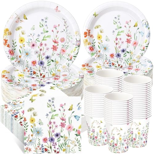 Wildflower Party Decorations, Paper Plates Napkins Cups Serve 50, Blossom by Ziliny