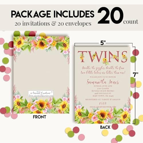 Amanda Creation Sunflower and Peony Twin Baby Shower Invitations, Twins Baby Shower Invitations, 20 Personalized 5x7 Double-Sided Cards with White Envelopes, Made in USA - Image 4