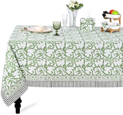 Ridhi Sage Green Block Print Cotton Rectangle Table Cloth, 52x70 inch by Ridhi
