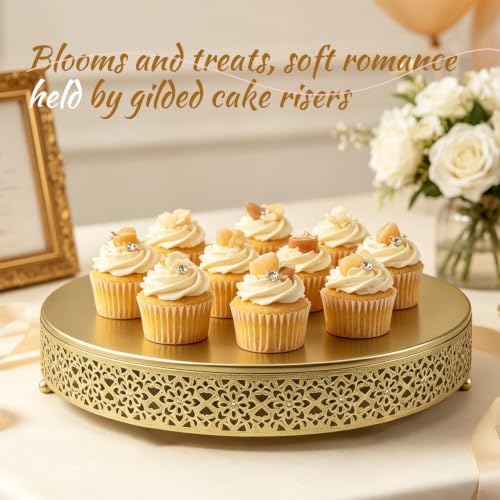 16 Inch Large Gold Cake Stand,Hollow Floral Pattern Round Metal Dessert Stand, Elevated Display Tray for Wedding Receptions, Baby Showers, Birthday Parties, Home Tea Decor - Image 2