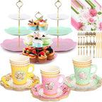 Layhit 83 Pcs Disposable Tea Party Set with 3 Tier Cake Stand Vintage Floral Paper Cups Plates Napkins Cutlery for Women Girls Birthday Baby Shower Bridal Shower Tea(Vivid) by ShungLan