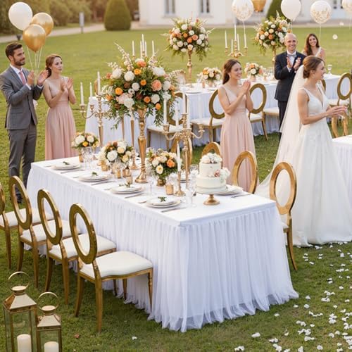 leegleri 4 pk White Tulle Tablecloths for 6 Foot Rectangle Tables, Floor Length 2-in-1 Tulle Table Cover with Draped Skirt,Wrinkle Free Stretchy Fitted Table Clothes 6ft for Wedding Party Decor by LeegleriTableSkirt
