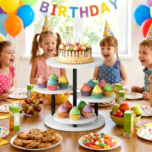 Dessert Stands for 50 Cupcakes 360°Rotating Wood Cupcake Stands Wedding Cake Stand 4 Tiered Cookie Serving Trays for Party Birthday Baby shower Afternoon Tea Dessert Table, White - Image 2