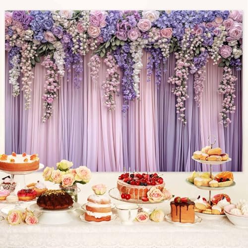8x6ft Purple Flower Wedding Photography Backdrop Lavender Floral Wedding Bridal Photography Backdrop Anniversary Birthday Baby Shower Girl Party Banner Photo Booth Props Background Wall Decor - Image 2
