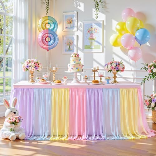 6 Pack Rainbow Tablecloth for 8 Foot Rectangle Tables Tulle Tablecloth Rainbow Table Cloth Rectangle 8ft Spandex Table Covers for Baby Shower Girls Unicorn Birthday Party Wedding Banquet Tables Skirt - Image 2