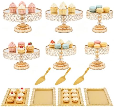 12 Pieces Gold Cake Stand Set, Vintage Cake Display Stand with Crystal Edge and Cupcake Display Tray, Dessert Table Display Set for Wedding Party Baby Shower Anniversary Celebration by Gereat