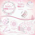 Pickmesh 400 Pcs Pink Winter Onederland Birthday Plates Cups and Napkins - Image 3