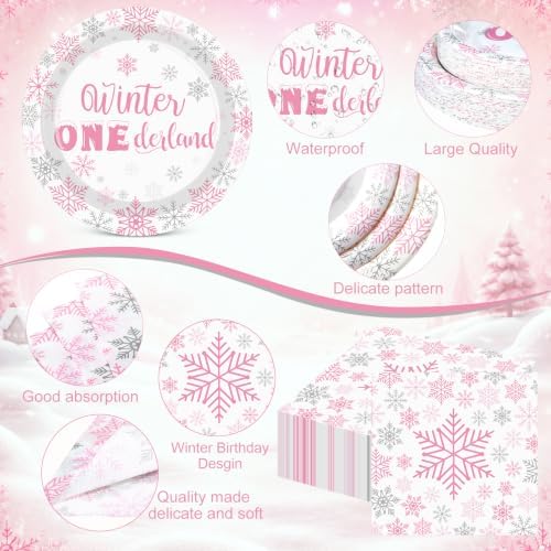 Pickmesh 400 Pcs Pink Winter Onederland Birthday Plates Cups and Napkins - Image 3