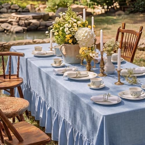 Moukeren 120"x60" Ruffled Tablecloth Table Cover, Blue, Classic - Image 5