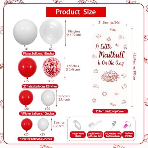 Meatball Baby Shower Decorations a Little Meatball Is on the Way Arch Backdrop Covers 6ft Balloon Garland Arch Kit Red Spaghetti Holy Cannoli Decorations for Italian Food Pasta Baby Shower Supplies - Image 4