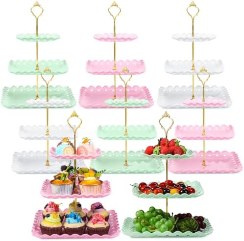 8 Pcs 3 Tier Serving Tray Cupcake Stand, Square, White, Pink, Green by Gandeer