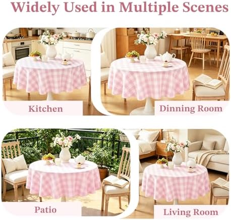 Laolitou Pink Gingham Table Cloth Round Tables Buffalo Plaid Checkered Tablecloth Cotton Linen Farmhouse Tablecloths Washable Wrinkle Free for Baby Shower Picnic Kitchen, 60", 2-4 Seats - Image 6