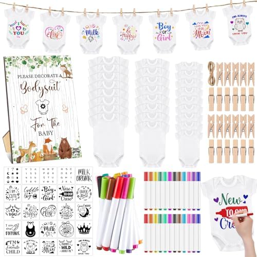 Panitay 126 Pcs Baby Shower DIY Bodysuit Set Bib 25 Blank White Newborn Bodysuit 25 Stencils 24 Marker 1 Sign 50 Pins(Woodland Animals) by Panitay