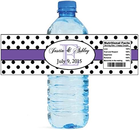 100 Polka Dot Purple Stripe Wedding Anniversary Engagement Party Water Bottle Labels 8"x2" by DesignThatSign