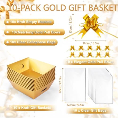 10 Pack Gold Gift Baskets Empty, 10x8x3.5" Thick Paper Basket with 10 Clear Bags and 10 Gold Bows, Empty Gift Baskets for Christmas Valentine Easter Birthday Anniversary Luxury Wrapping - Image 3