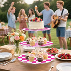 J JOYSAY Checkerboard Pink Pattern Acrylic Cupcake Stand 3 Tier Dessert Table Display Set Clear Cake Stands for Party Baby Shower Wedding Decorations Easy Assembly Macaron Tower - Image 6