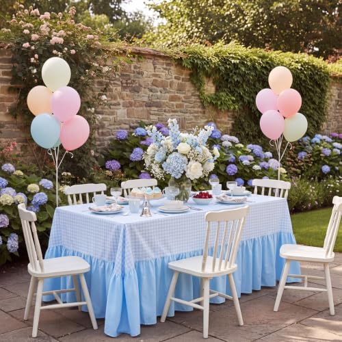 Blue Gingham Tablecloth Plaid Ruffled Table Skirt, 132 x 90'' - Image 4