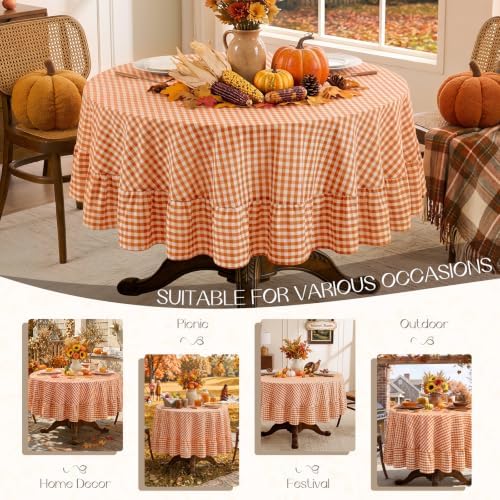 Romanstile Fall Gingham Ruffled Round Tablecloth, 70 Inch Orange - Image 6