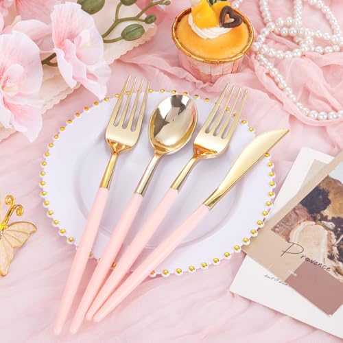 Supernal 102Pcs Gold Disposable Utensils with Pink Handle for Wedding Party - Image 4