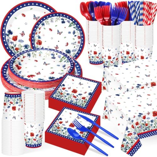 Funnymoom 218 Pcs Patriotic Floral Party Decorations Paper Plates Serve 24 by Funnymoom