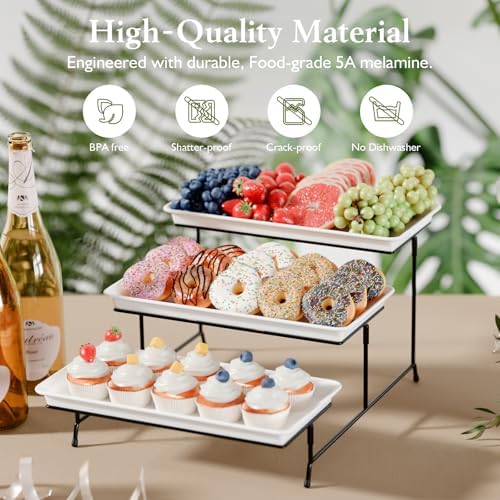 Bumusty 3-Tier Melamine Serving Tray Set, 14 x 7 in, Black Stand - Image 3