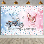 MEHOFOND 10x7ft Wheels or Heels Gender Reveal Backdrop Boy or Girl What Will Baby Be Decorations Banner Motorcycle and High Heels Gender Reveal Baby Shower Photography Background Cake Table Supplies by MEHOFOND