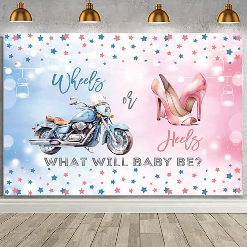 MEHOFOND 8x6ft Wheels or Heels Gender Reveal Backdrop Boy or Girl What Will Baby Be Decorations Banner Motorcycle and High Heels Gender Reveal Baby Shower Photography Background Cake Table Supplies by MEHOFOND