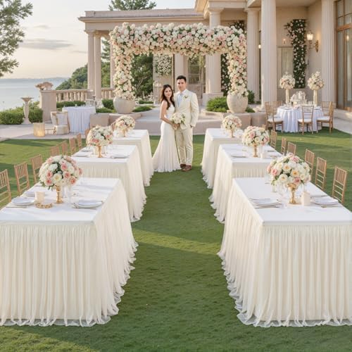Ivory Table Cloths 6 Foot Rectangle Tulle Table Skirt Rectangle Tables 6ft Fitted Spandex Table Covers Stretch Elastic Banquet Birthday Party Baby Shower Cream Ivory Tablecloth Wedding Table Cloths - Image 6