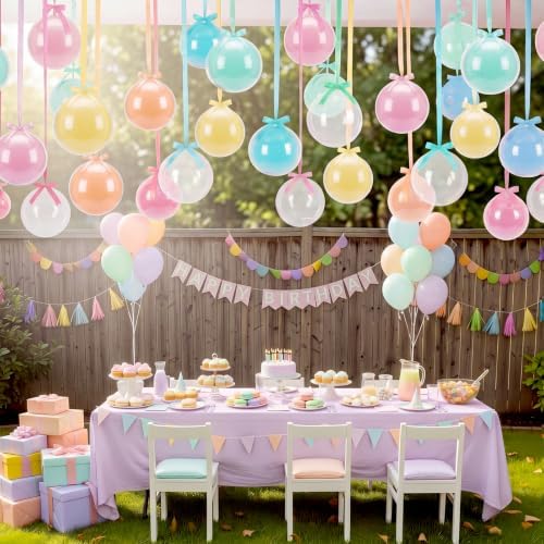 TaoBary 30 Set Pastel Ceiling Hanging Decoration 22/18'' Macaron and Transparent Latex Bobo Balloons Bulk with Satin Bows, Ribbons for Summer Back to School Baby Shower Wedding Party Decor - Image 3