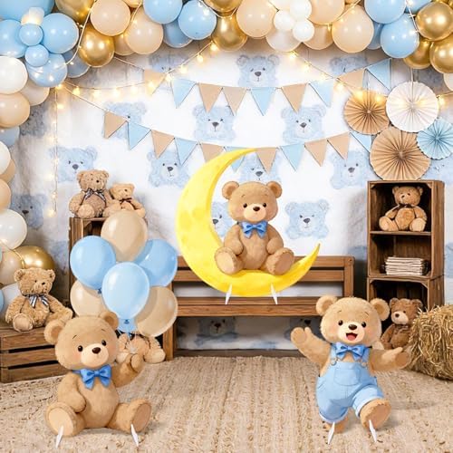 3Pcs Blue Bear Baby Shower Decorations, Large Moon Bear Cardboard Cutout Standup with Yard Stakes & Stands for Boy Bear Birthday Indoor Outdoor Photo Booth Props Cartoon Party Supplies - Image 2