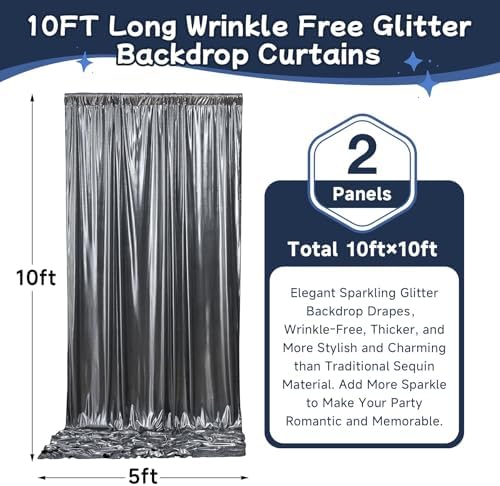 10ftx10ft Black Silver Glitter Sequin Backdrop Curtain for Parties, Wrinkle Free Sparking Backdrop Drapes, 2 Panels 5x10ft Shimmer Photo Back Drop Cloth for Wedding Birthday Photography - Image 5