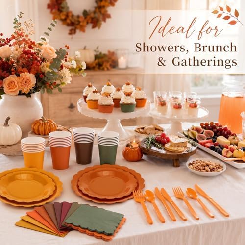 Yaomiao 168 Pcs Fall Party Supplies Autumn Dinnerware Plates Cups Napkins - Image 6