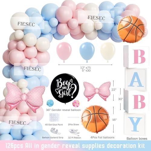 Free Throws or Pink Bows Gender Reveal Decorations, Party Balloon Arch Kit Supplies Includes Balloons, Banner, Sash, Badge Backdrop, Topper, Poster, Balloon Boxes, Tablecloth, Marker 150 PCs - Image 3