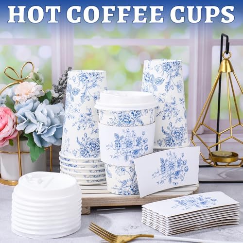 FYSUIMU 50Pcs 16Oz Blue Floral Disposable Coffee Cups with Lids and Sleeves Blue White Chinoiserie Flower Paper Drinking Cup for Wedding Birthday Baby Shower Party Supplies - Image 3