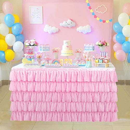 Jeloris Mermaid Tulle Table Skirt for Rectangle or Round Table Tutu Chiffon Tablecloth for Birthday, Baby Shower, Wedding, Party Decoration (Pink, L 9ft, H 30in) by Jeloris
