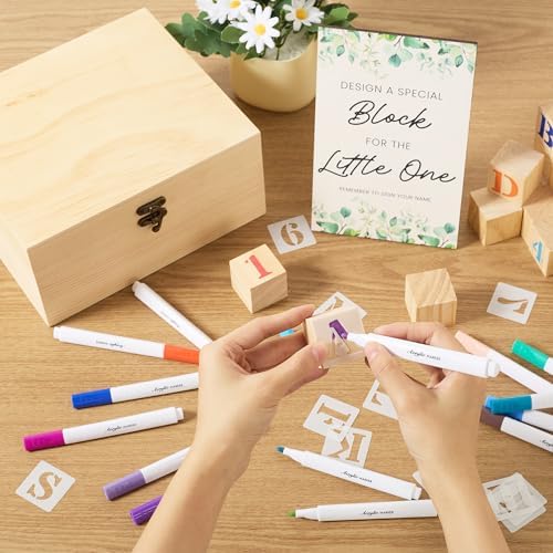 132 Pcs Baby Shower Game Blocks to Decorate, Includes 56 Stencils 50 Wooden Blocks 24 Acrylic Markers 1 Storage Box - Plain Wooden Blocks Great for Baby Shower Activities for Guests - Image 3