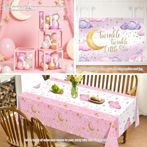 Twinkle Twinkle Little Star Baby Shower Decorations, Pink Stars and Moon Party Decorations with Balloon Garland Baby Boxes Backdrop Tablecloth - Image 3
