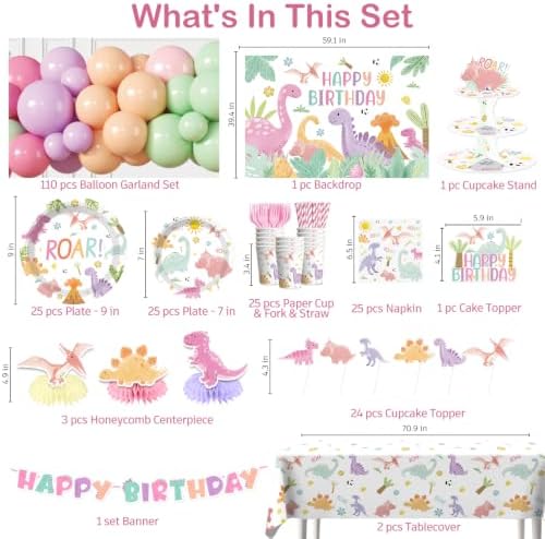 293pcs Pink Dinosaur Birthday Decorations for Girl, All-in-1 set, 25 Guests - Image 2
