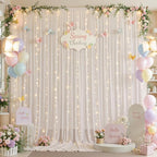 10ft x 10ft Cream White Chiffon Backdrop Curtain with Lights String for Parties,2 Panels Sheer Tulle Curtain Wedding Backdrop for Baby Shower Birthday Party Ceremony Reception Home Decorations - Image 7
