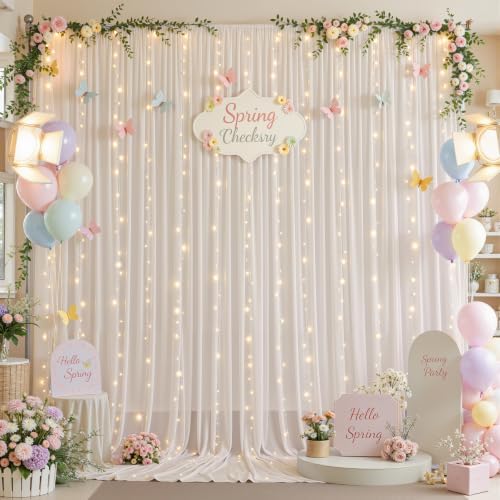 10ft x 10ft Cream White Chiffon Backdrop Curtain with Lights String for Parties,2 Panels Sheer Tulle Curtain Wedding Backdrop for Baby Shower Birthday Party Ceremony Reception Home Decorations - Image 7