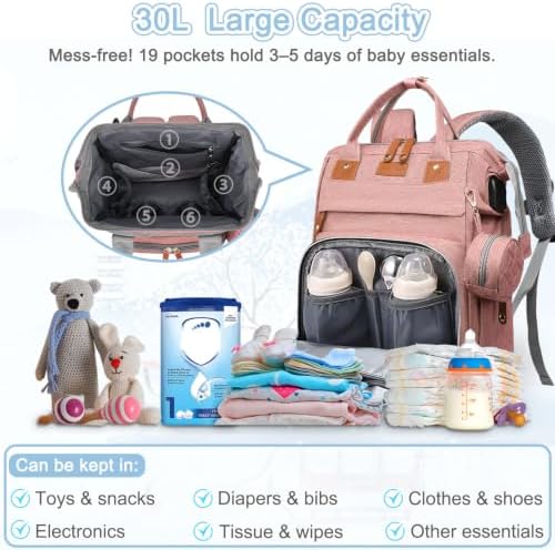 SHITIESHOU Diaper Bag Backpack Baby Bag for Mom Dad with Changing Pad, 19 Pockets, Large Waterproof Travel Baby Girl Boy Toddle Diaper Bag with Insulated Pocket, Baby Shower Gifts, Pink - Image 4